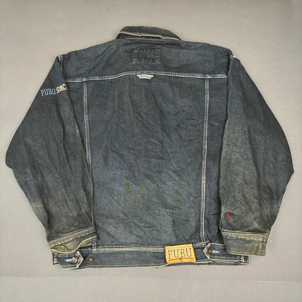 Vintage Y2K Fubu Dark Wash Denim Jacket Men's Size XXL Hip Hop Retro